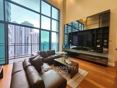 Luxurious living room with floor-to-ceiling windows and stunning city view