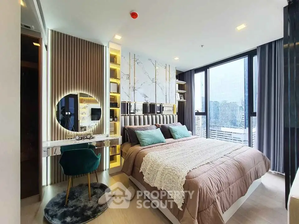 Luxurious modern bedroom with city view, elegant decor, and natural light.