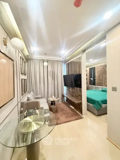 Luxurious modern living room with elegant decor and cozy bedroom view