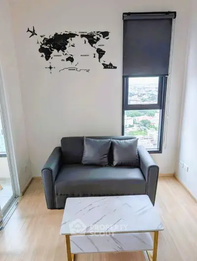 Modern living room with stylish sofa, world map wall art, and city view window.
