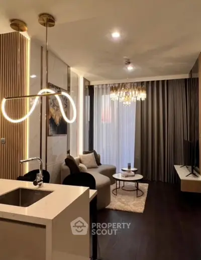 Luxurious modern living room with elegant lighting and stylish decor