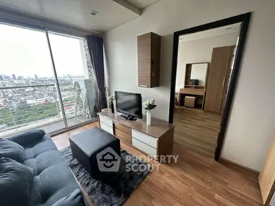Modern living room with city view and stylish furniture