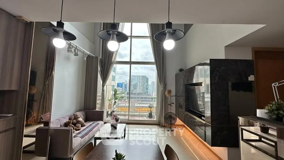 Luxurious living room with high ceiling and city view, modern decor and ample natural light.