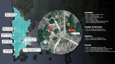 Map highlighting prime real estate location near Phuket attractions and amenities.