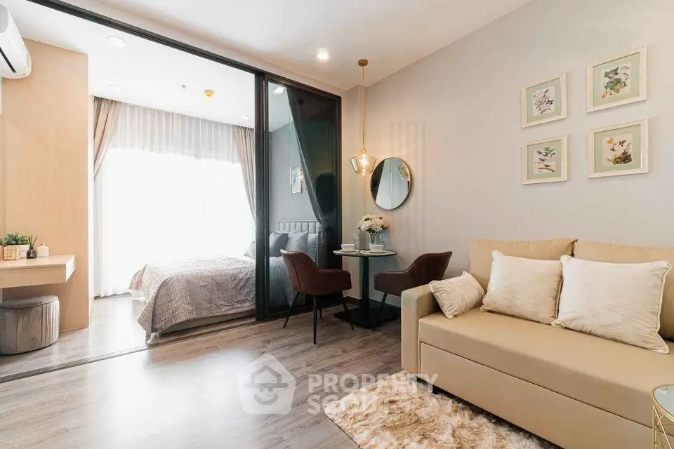 Modern living room with cozy sofa and stylish decor in a bright apartment