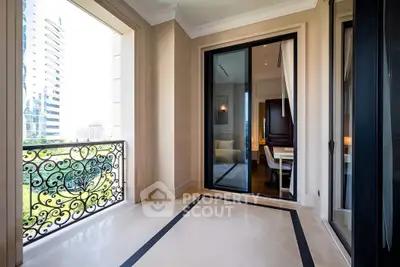 Luxurious apartment balcony with elegant railing and city view