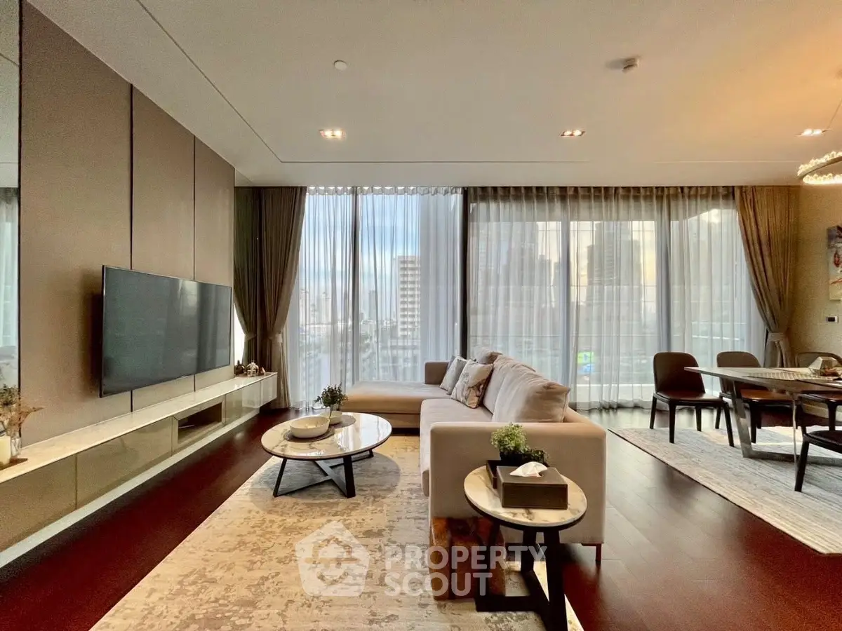Luxurious modern living room with elegant decor and city view