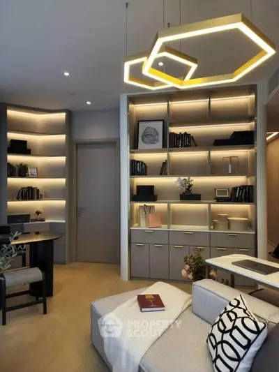 Modern living room with stylish shelving and geometric lighting