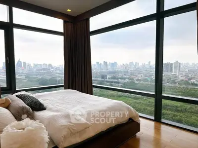 Luxurious bedroom with panoramic city view and floor-to-ceiling windows