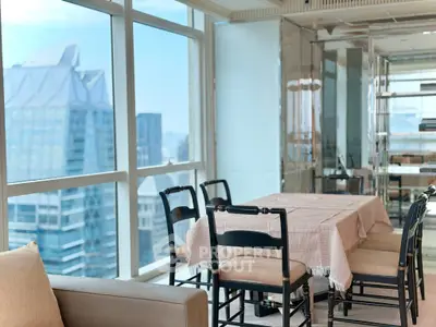 Luxurious dining area with panoramic city views in a high-rise apartment