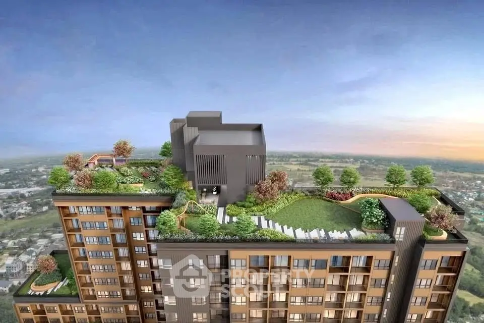 Stunning rooftop garden on modern high-rise building with panoramic city views.