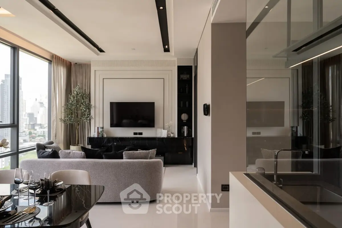 Luxurious modern living room with city view and elegant decor