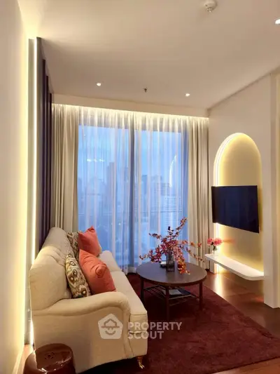 Elegant living room with city view, featuring cozy sofa and modern decor