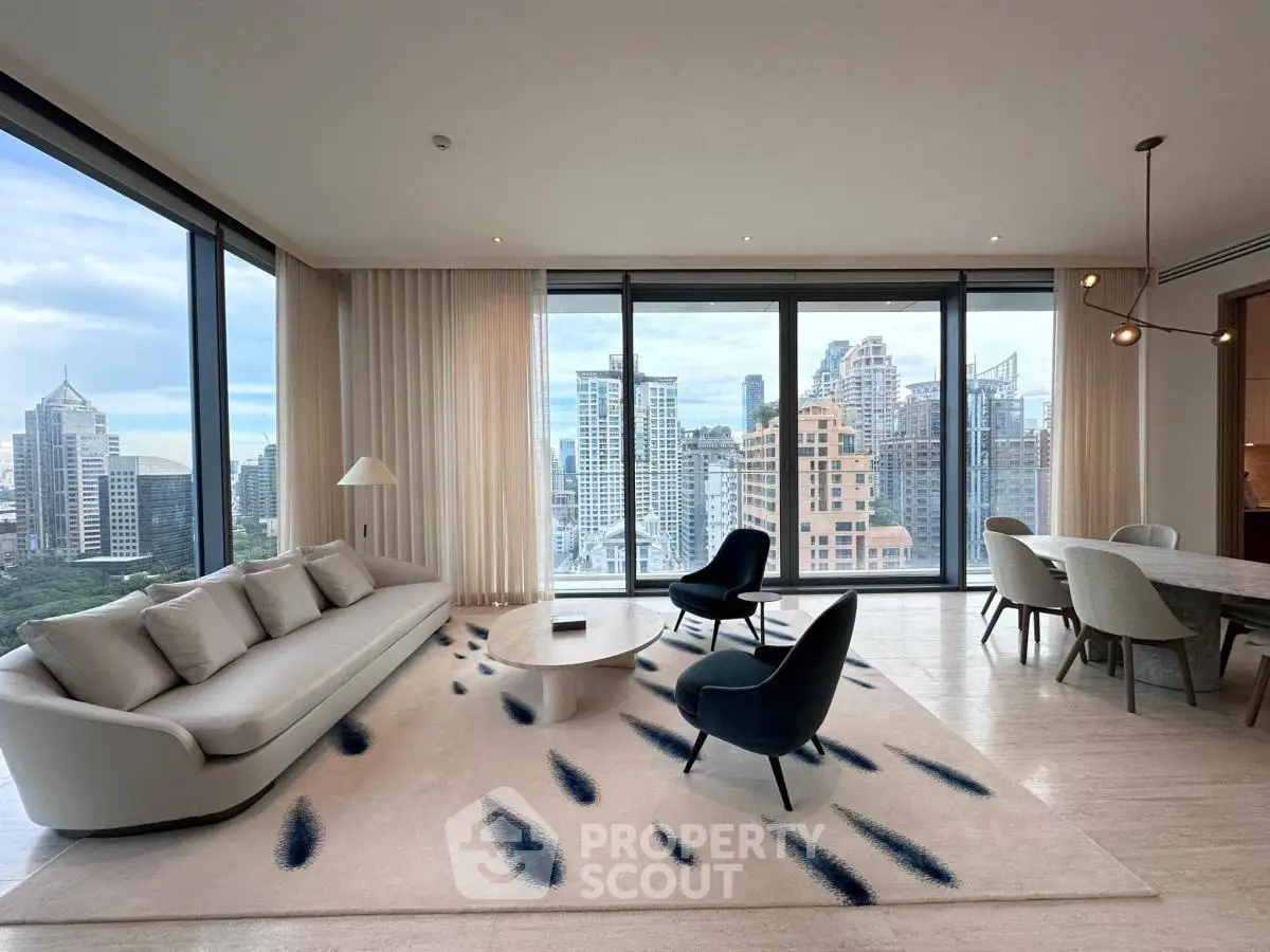 Luxurious living room with panoramic city views and modern furnishings