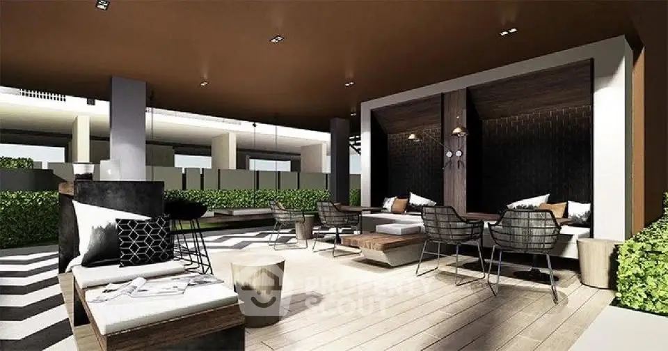 Luxurious modern outdoor lounge area with stylish seating and greenery, perfect for relaxation and social gatherings.