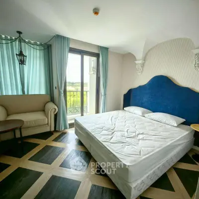 Elegant bedroom with stylish flooring and large window offering scenic views