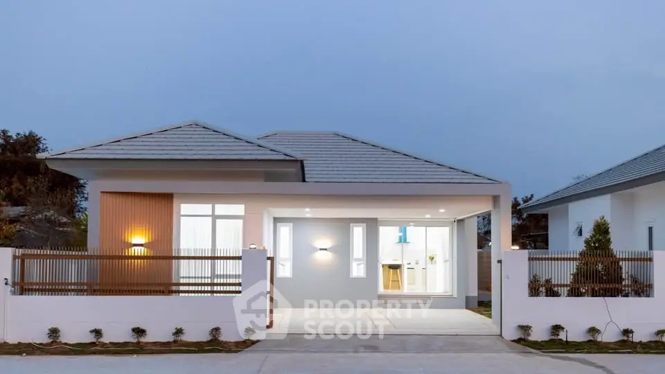 Modern single-story house with sleek design and spacious driveway