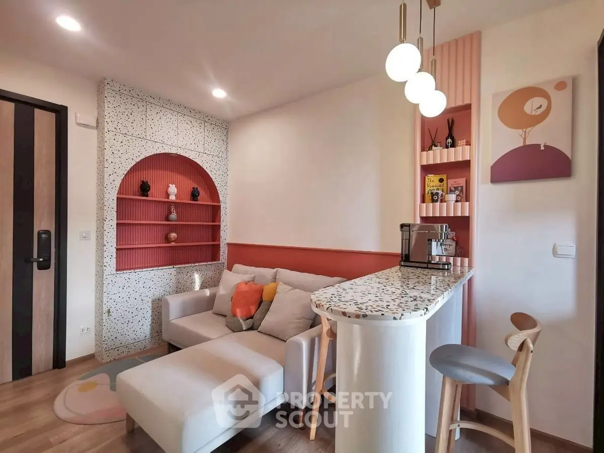 Stylish modern living room with cozy sofa and chic bar area