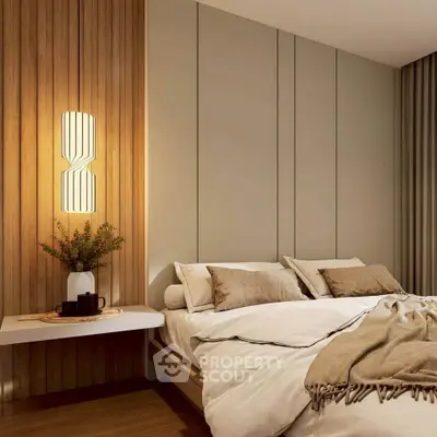 Luxurious bedroom with modern design and cozy ambiance, featuring elegant lighting and stylish decor.