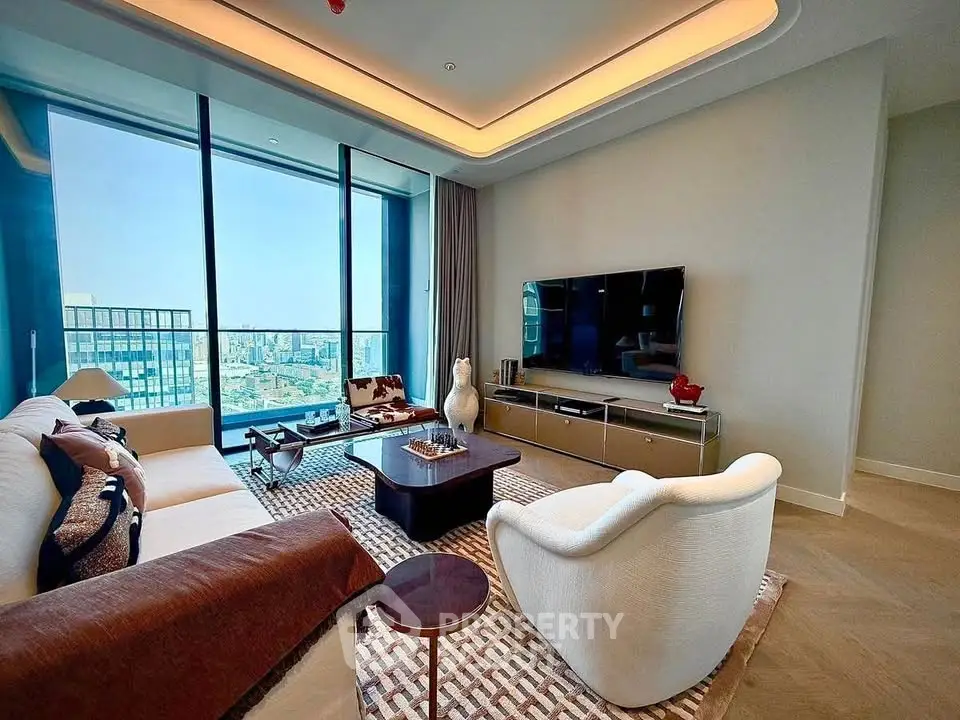 Luxurious living room with stunning city view, modern furniture, and elegant decor in high-rise apartment.