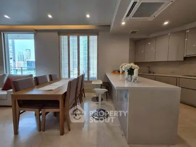 Modern open-layout kitchen and dining area with city view