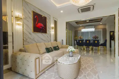 Luxurious living room with elegant decor and spacious dining area