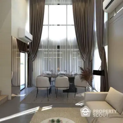 Elegant dining area seamlessly connects to a cozy living space, highlighted by towering curtains, ample natural light, and modern furnishings.