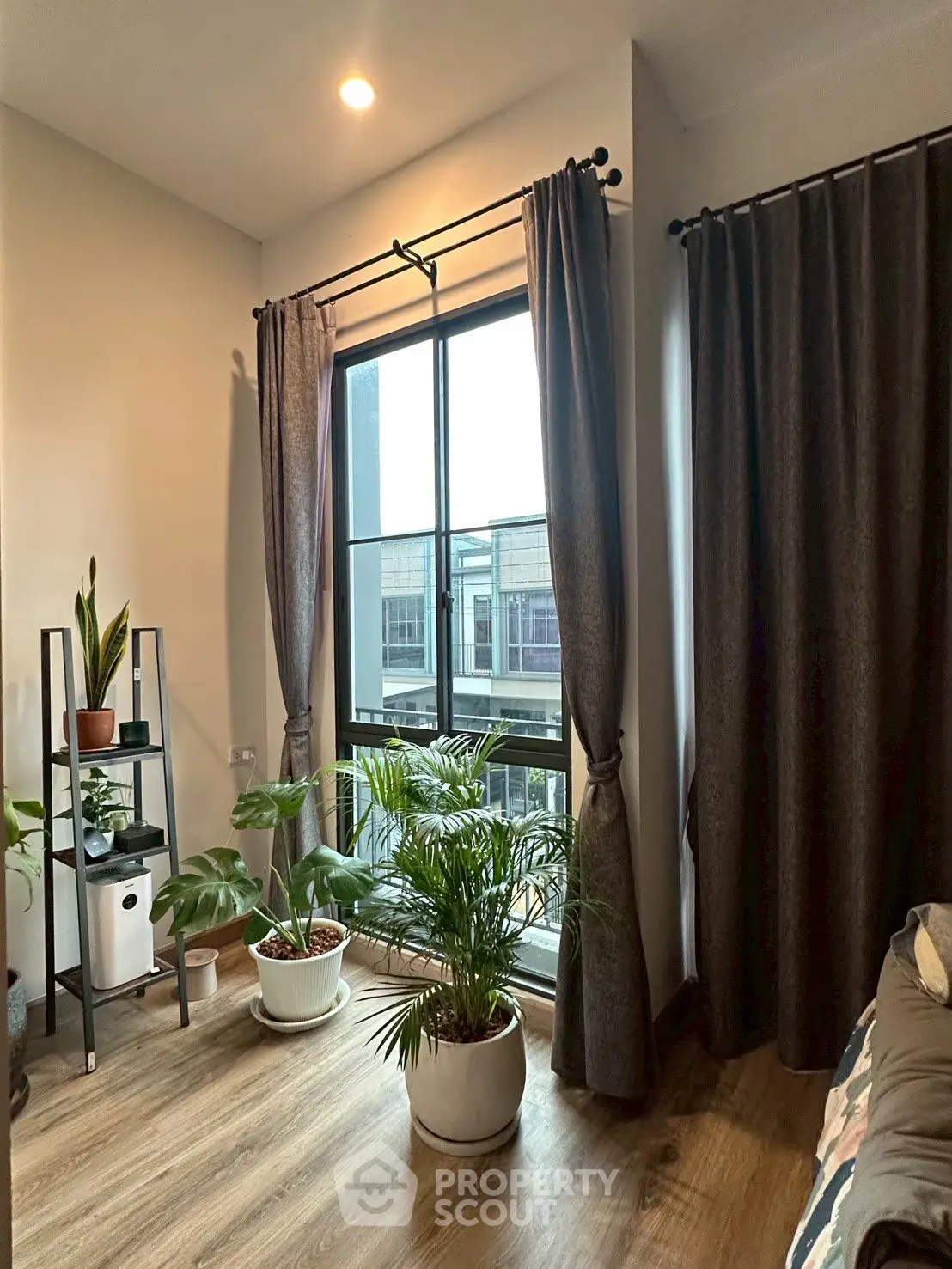 Cozy living room with large window and lush indoor plants, perfect for relaxation and natural light.