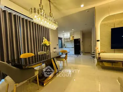 Luxurious modern living room with elegant dining area and stylish lighting
