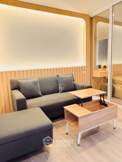 Modern living room with stylish sofa and multifunctional coffee table