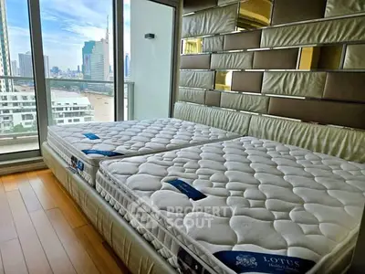 Luxurious bedroom with twin beds and stunning city view from large windows.