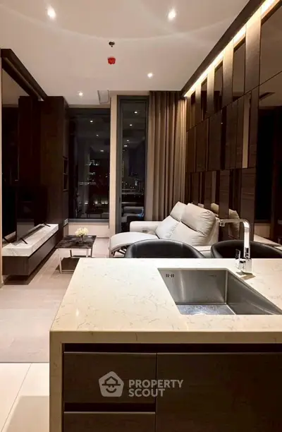 Luxurious modern living room with city view, elegant furniture, and stylish lighting.