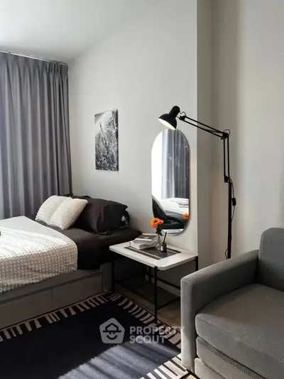 Modern bedroom with stylish decor and cozy ambiance