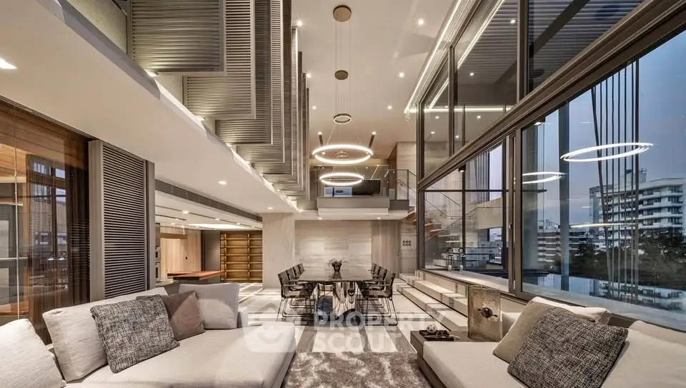 Luxurious modern living room with high ceilings and stunning city view.