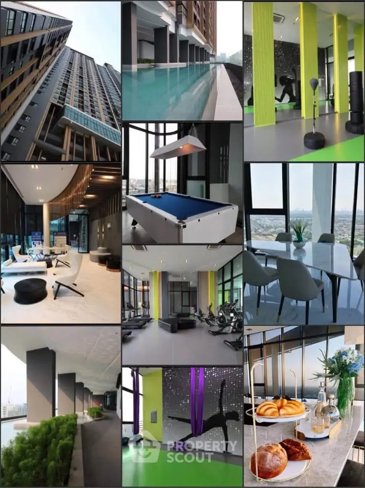 Luxurious high-rise building with stunning pool, modern gym, and elegant interiors offering breathtaking city views.