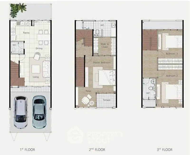 Modern three-story house floor plan with spacious living areas and multiple bedrooms.