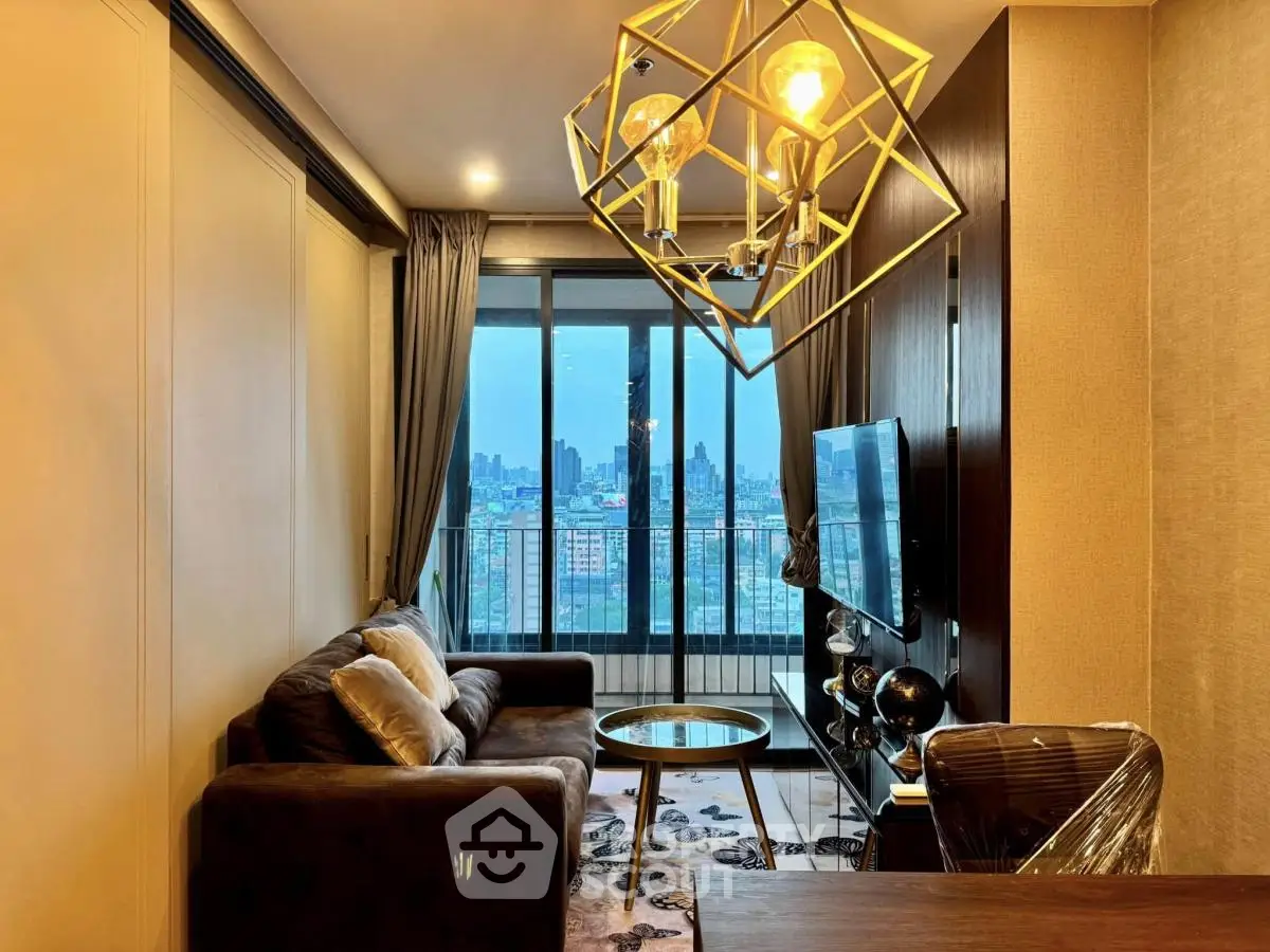 Modern living room with city view, stylish lighting, and cozy furnishings.