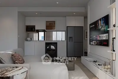 Modern living room with sleek kitchen, featuring a washing machine and stylish decor.