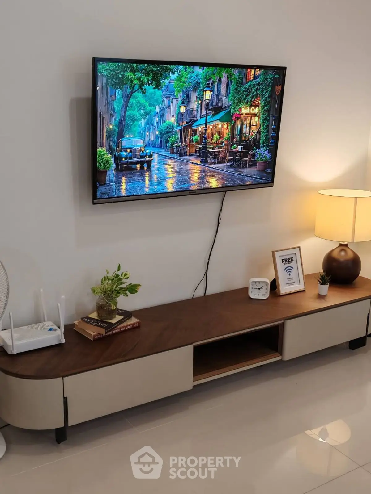 Modern living room with sleek TV setup and stylish decor