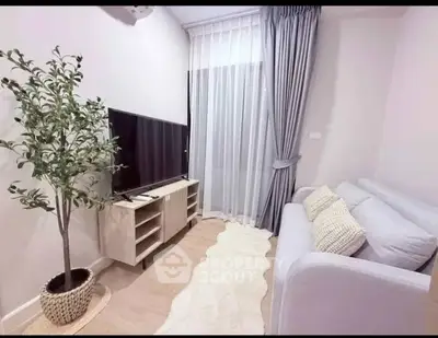 Cozy living room with modern decor, featuring a TV, sofa, and stylish curtains.