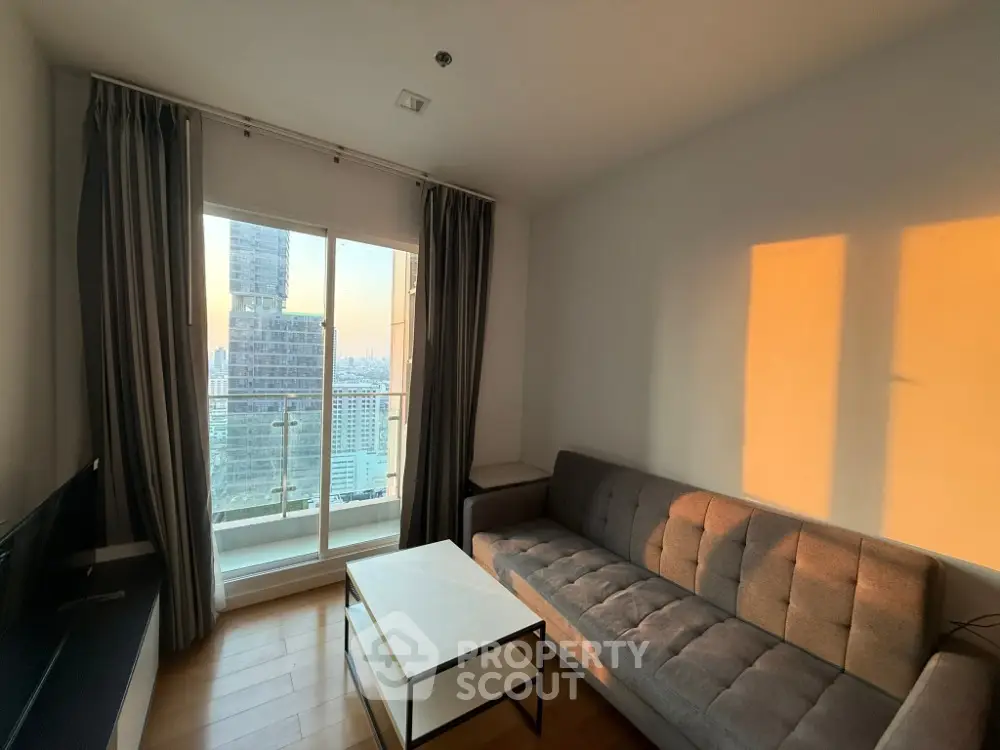 Modern living room with city view and stylish furniture