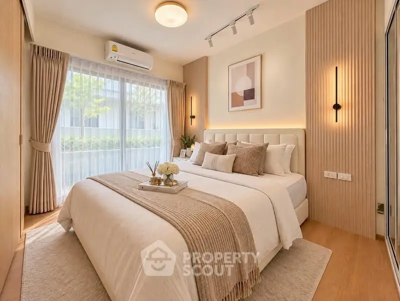Elegant bedroom with modern decor, large window, and cozy ambiance