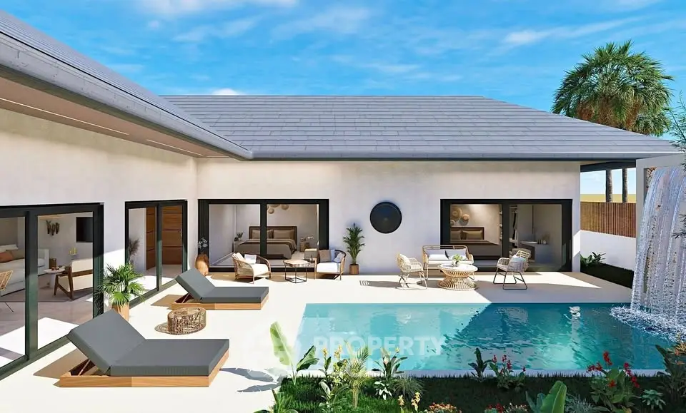 Luxurious modern villa with private pool and stylish outdoor lounge area.