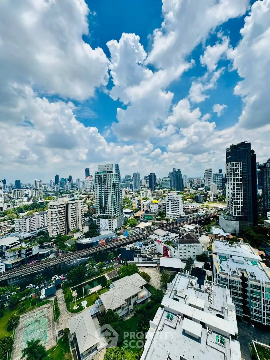 Stunning cityscape view from a high-rise building showcasing urban skyline and vibrant city life.
