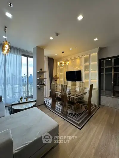Luxurious modern living room with elegant dining area and city view.