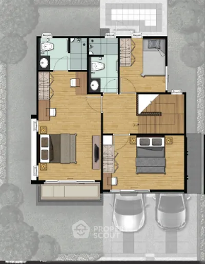 Modern floor plan showcasing a spacious two-bedroom layout with open living area and two bathrooms.