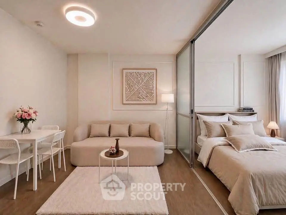 Modern studio apartment with cozy living area and elegant bedroom
