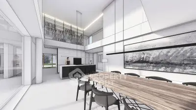 Modern open-plan kitchen and dining area with high ceilings and sleek design.