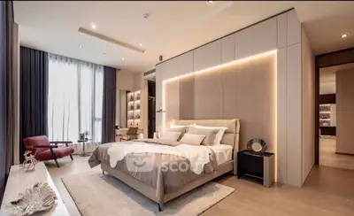 Luxurious modern bedroom with elegant decor and ambient lighting, featuring a cozy bed and stylish furnishings.