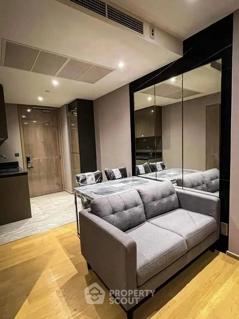 Modern living room with stylish gray sofa and mirrored wall in a cozy apartment setting.